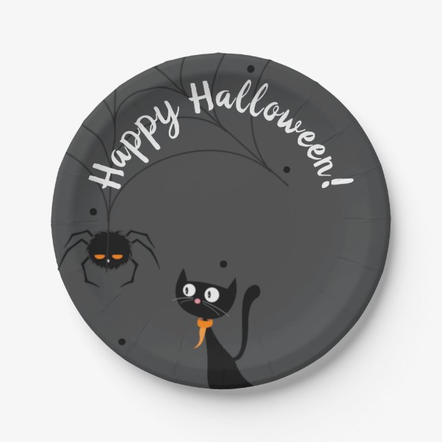 Black Cat & Spider Halloween Paper Plate (Front)