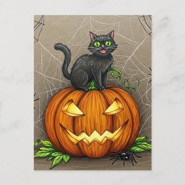 Black Cat Spiders Pumpkin Halloween Postcard (Front)