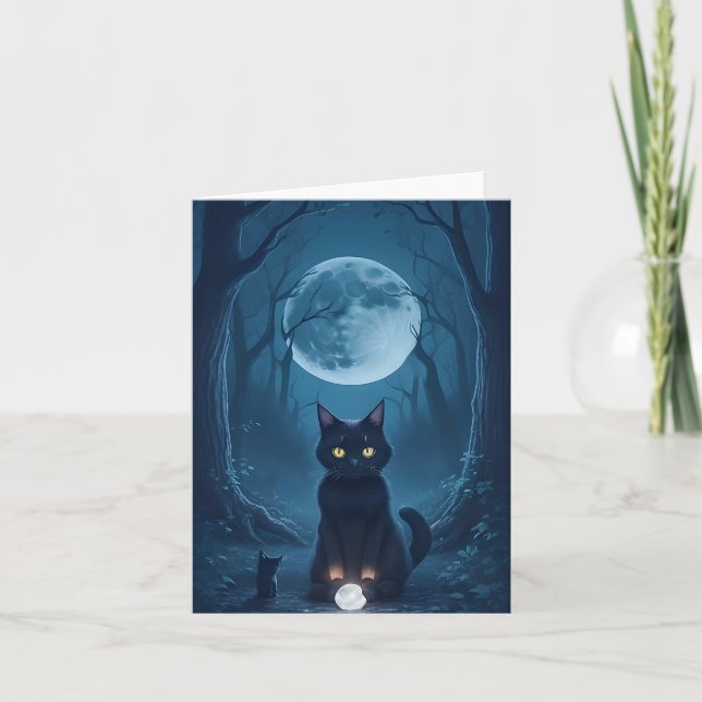 Black Cat Spooky Forest Shiny White Crystal Blank Card (Front)