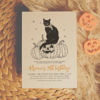 Black Cat Spooky Halloween Pumpkin Birthday Party Invitation