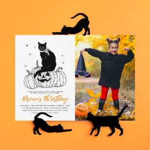 Black Cat Spooky Halloween Pumpkin Photo Birthday Invitation