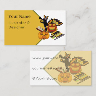 Black Cat & Spooky Heart-Eye Pumpkin Sushi Business Card
