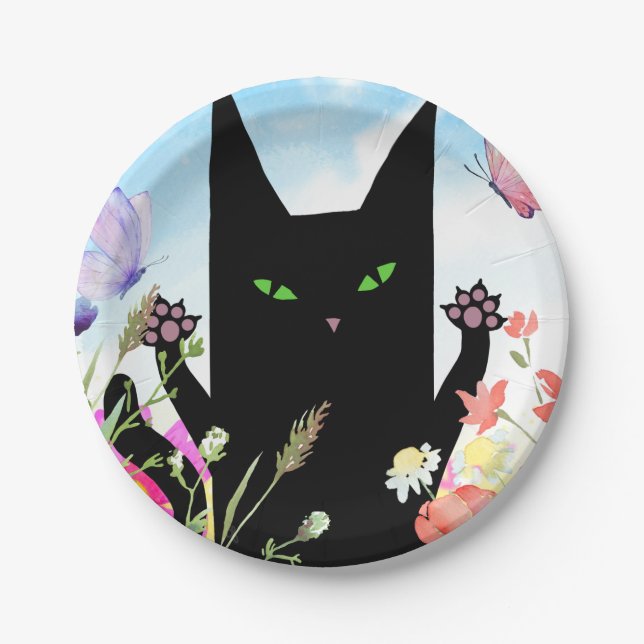 Black Cat Spring Fever:  Kitty and Flowers Paper Plate (Front)