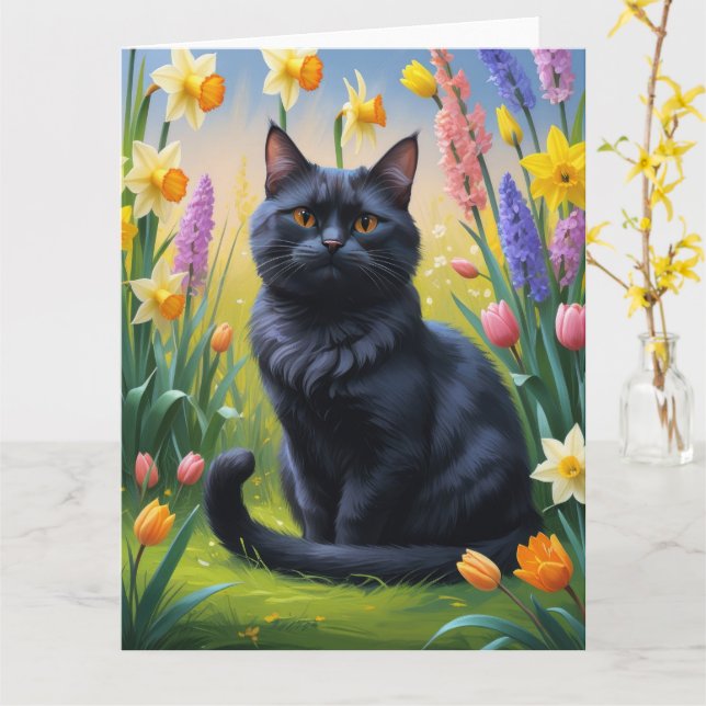 Black Cat Spring Flowers Painting Card (Yellow Flower)