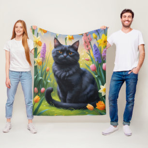 Black Cat Spring Flowers Painting Fleece Blanket
