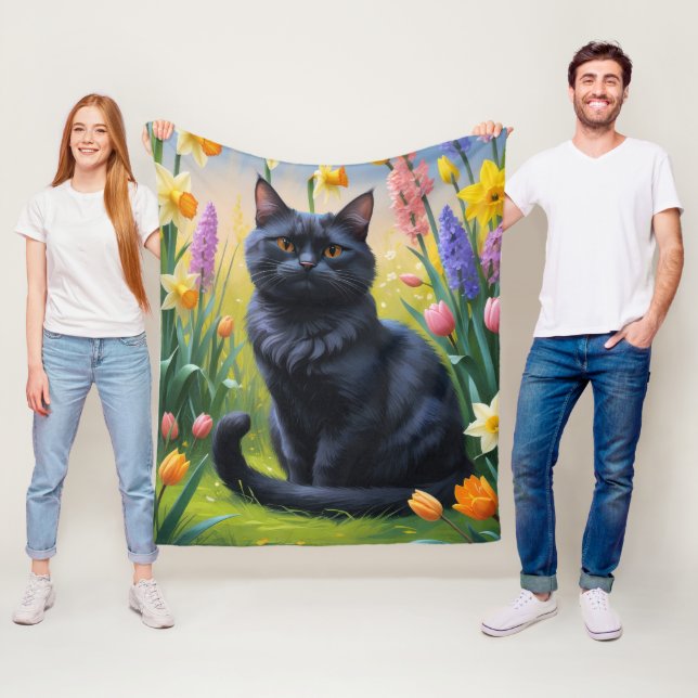 Black Cat Spring Flowers Painting Fleece Blanket (In Situ)