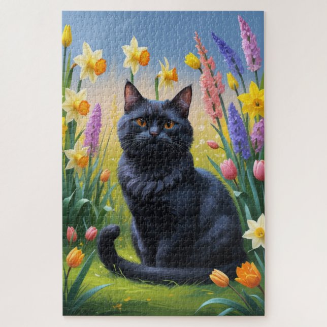 Black Cat Spring Flowers Painting Jigsaw Puzzle (Vertical)