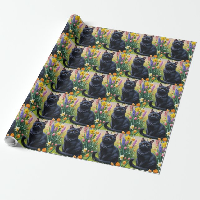Black Cat Spring Flowers Painting Wrapping Paper (Unrolled)
