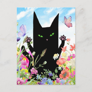 Black Cat Spring Greeting Card:  Kitty and Flowers Postcard