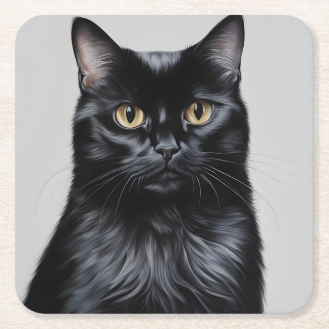 Black Cat Square Paper Coaster (Front)