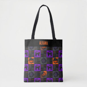 Black Cat Squares Halloween Tote Bag