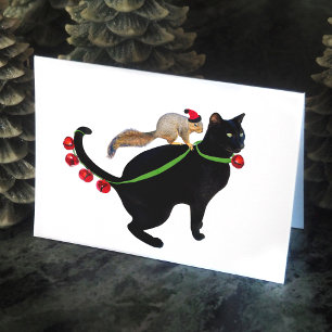Black Cat, Squirrel and Bells Holiday Card