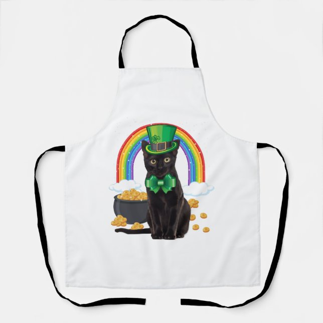 Black Cat St Patrick's Day Leprechaun Shamrock Apron (Front)
