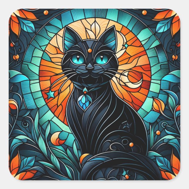 Black Cat Stained Glass Graphic Square Sticker (Front)