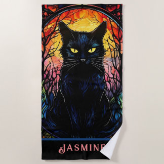 Black Cat Stained Glass Red Spooky Beach Towel