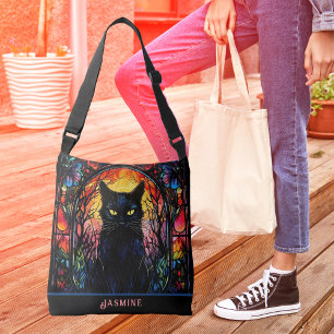 Black Cat Stained Glass Red Spooky Crossbody Bag