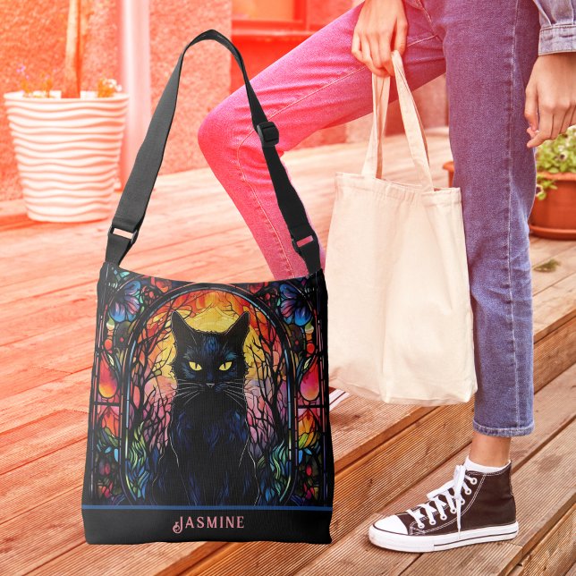 Black Cat Stained Glass Red Spooky Crossbody Bag (Black Cat Lover Stained Glass Red Spooky Crossbody Bag (Front))