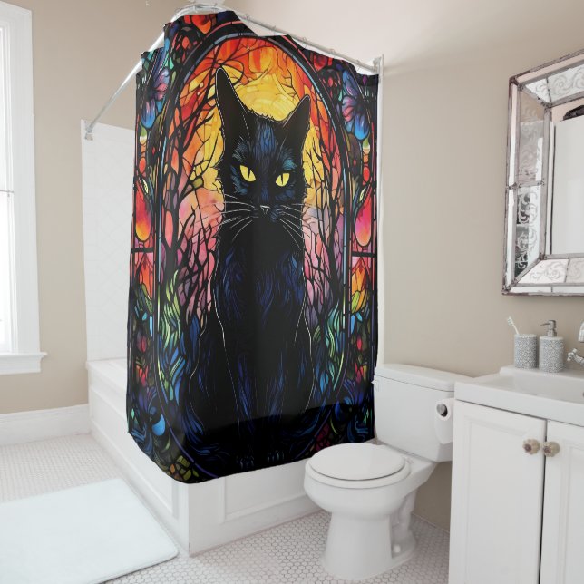 Black Cat Stained Glass Red Spooky Shower Curtain (In Situ)