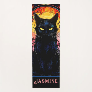 Black Cat Stained Glass Red Spooky Yoga Mat