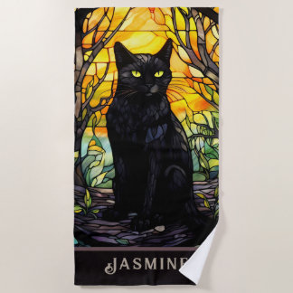 Black Cat Stained Glass Yellow  Beach Towel