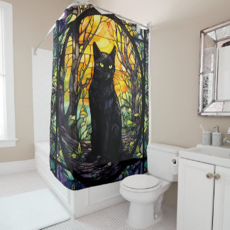 Black Cat Stained Glass Yellow  Shower Curtain