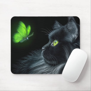 Black Cat Staring At a Glowing Green Butterfly Mouse Pad