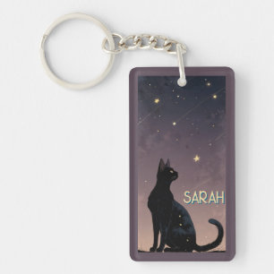 Black Cat Starry Night Celestial Feline Art Gift Key Ring