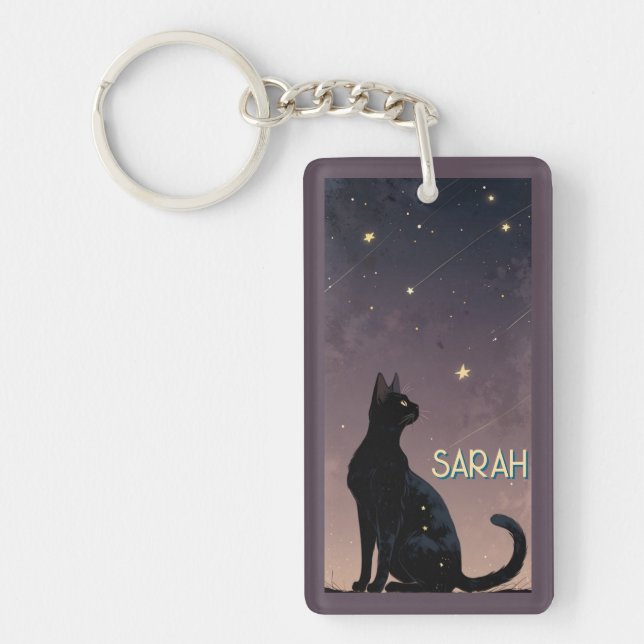 Black Cat Starry Night Celestial Feline Art Gift  Key Ring (Front)