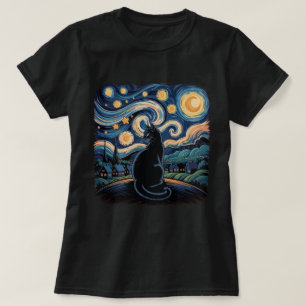 Black Cat Starry Night Swirl Sky Art T-Shirt