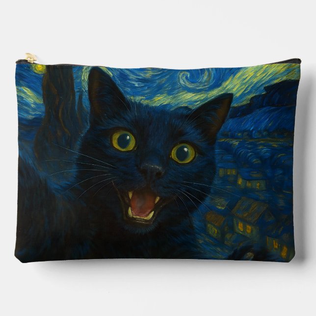 Black Cat Starry Night Van Gogh Cat Selfie  Accessory Pouch (Front)