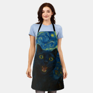 Black Cat Starry Night Van Gogh Cat Selfie Apron