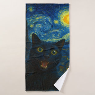 Black Cat Starry Night Van Gogh Cat Selfie  Bath Towel