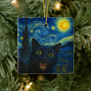 Black Cat Starry Night Van Gogh Cat Selfie Ceramic Ornament