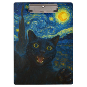 Black Cat Starry Night Van Gogh Cat Selfie  Clipboard