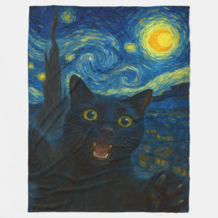 Black Cat Starry Night Van Gogh Cat Selfie  Fleece Blanket