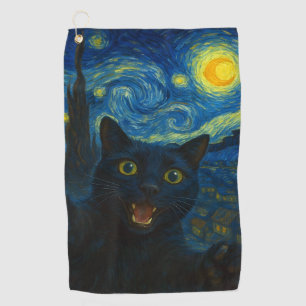 Black Cat Starry Night Van Gogh Cat Selfie  Golf Towel