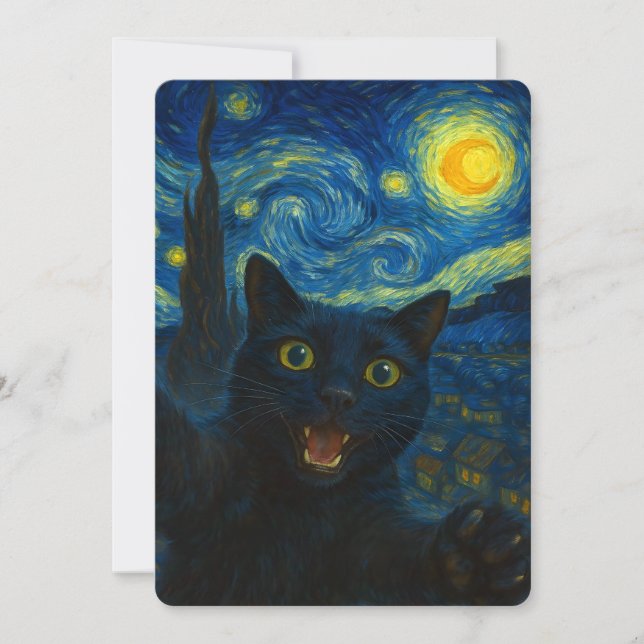 Black Cat Starry Night Van Gogh Cat Selfie  Invitation (Front)