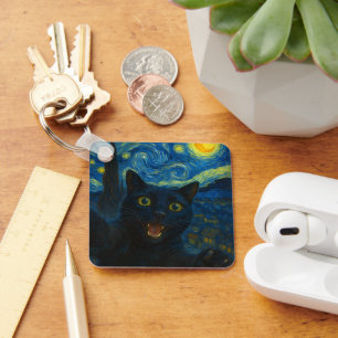 Black Cat Starry Night Van Gogh Cat Selfie Key Ring