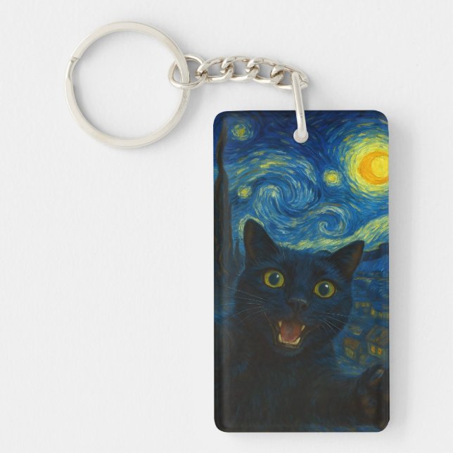Black Cat Starry Night Van Gogh Cat Selfie  Key Ring (Front)