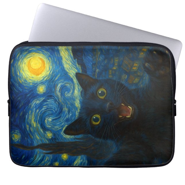 Black Cat Starry Night Van Gogh Cat Selfie  Laptop Sleeve (Front)