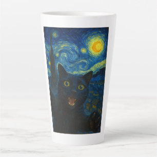 Black Cat Starry Night Van Gogh Cat Selfie  Latte Mug