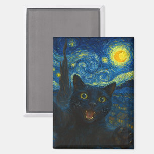 Black Cat Starry Night Van Gogh Cat Selfie Magnet