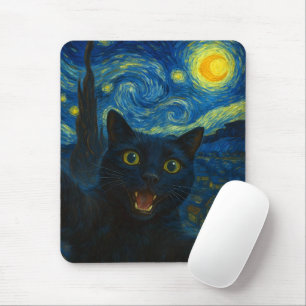 Black Cat Starry Night Van Gogh Cat Selfie Mouse Pad