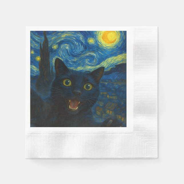 Black Cat Starry Night Van Gogh Cat Selfie  Napkin (Front)