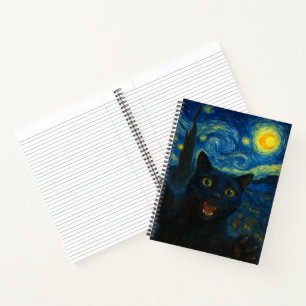 Black Cat Starry Night Van Gogh Cat Selfie Notebook