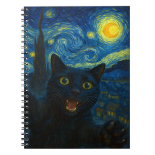 Black Cat Starry Night Van Gogh Cat Selfie  Notebook