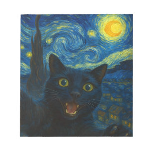Black Cat Starry Night Van Gogh Cat Selfie Notepad
