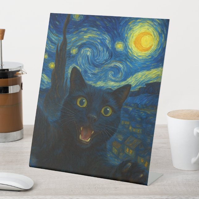Black Cat Starry Night Van Gogh Cat Selfie  Pedestal Sign (In SItu)