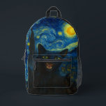 Black Cat Starry Night Van Gogh Cat Selfie  Printed Backpack<br><div class="desc">Unleash your inner art lover and feline fanatic with this Black Cat Starry Night Van Gogh Cat Selfie Cat Mum Cat Lover T-Shirt. Featuring a cool black cat snapping a selfie against a swirling Van Gogh-inspired night sky, this tee combines iconic art with quirky modern humour. Whether you're a cat...</div>