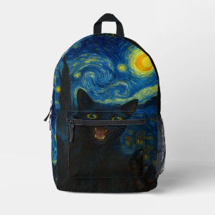 Black Cat Starry Night Van Gogh Cat Selfie Printed Backpack